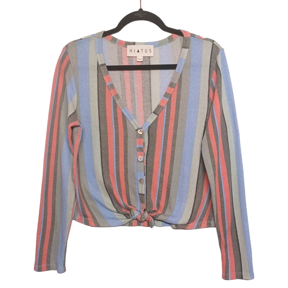 HIATUS Pink Green Blue Stripe Print Soft Long Sleeve Button Front Tie Top L